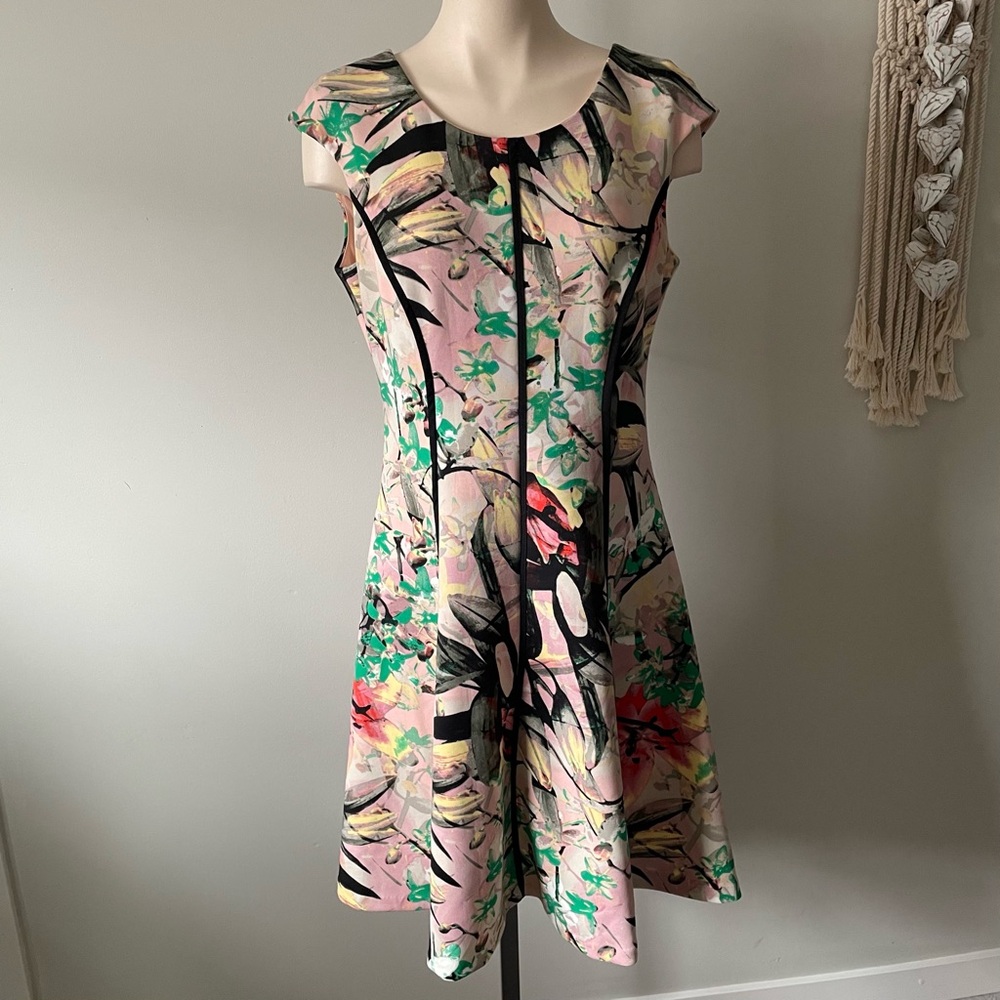 JAX Floral Fit & Flare A Line Dress Pink Black Size 8 Medium